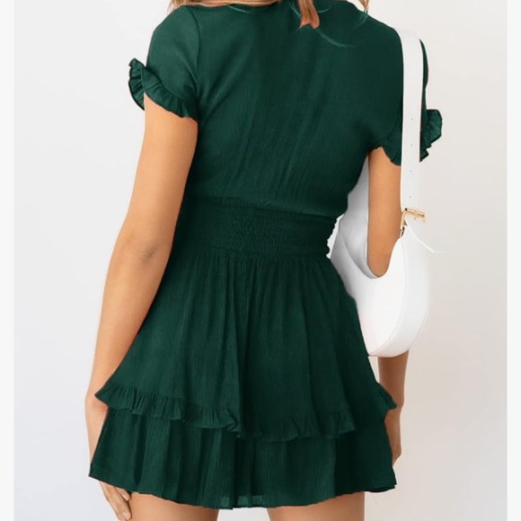 Women's Mini Dress Tie Front V Neck Short Sleeve Ruffle Layer A-Line Short Dress - Picture 4 of 4